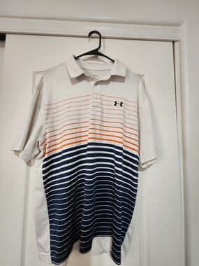Under Armour Men’s White Polo with Navy & Orange Stripe